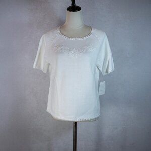 Liz Claiborne Hand Embroidered Knit Sweater Short Sleeves White Top Size L